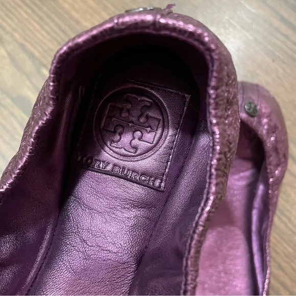 Tory Burch Azalea Crystal Bow Ballerina Flats Metallic Purple Leather Size 9 - Picture 9 of 12